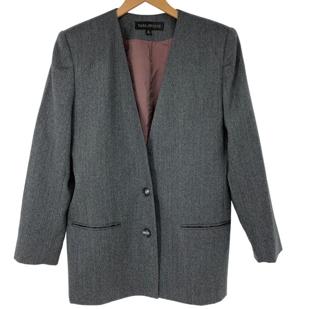 Dana Brooke Womens 100% Wool Blazer Jacket Gray Longline Collarless Sz 12 3940